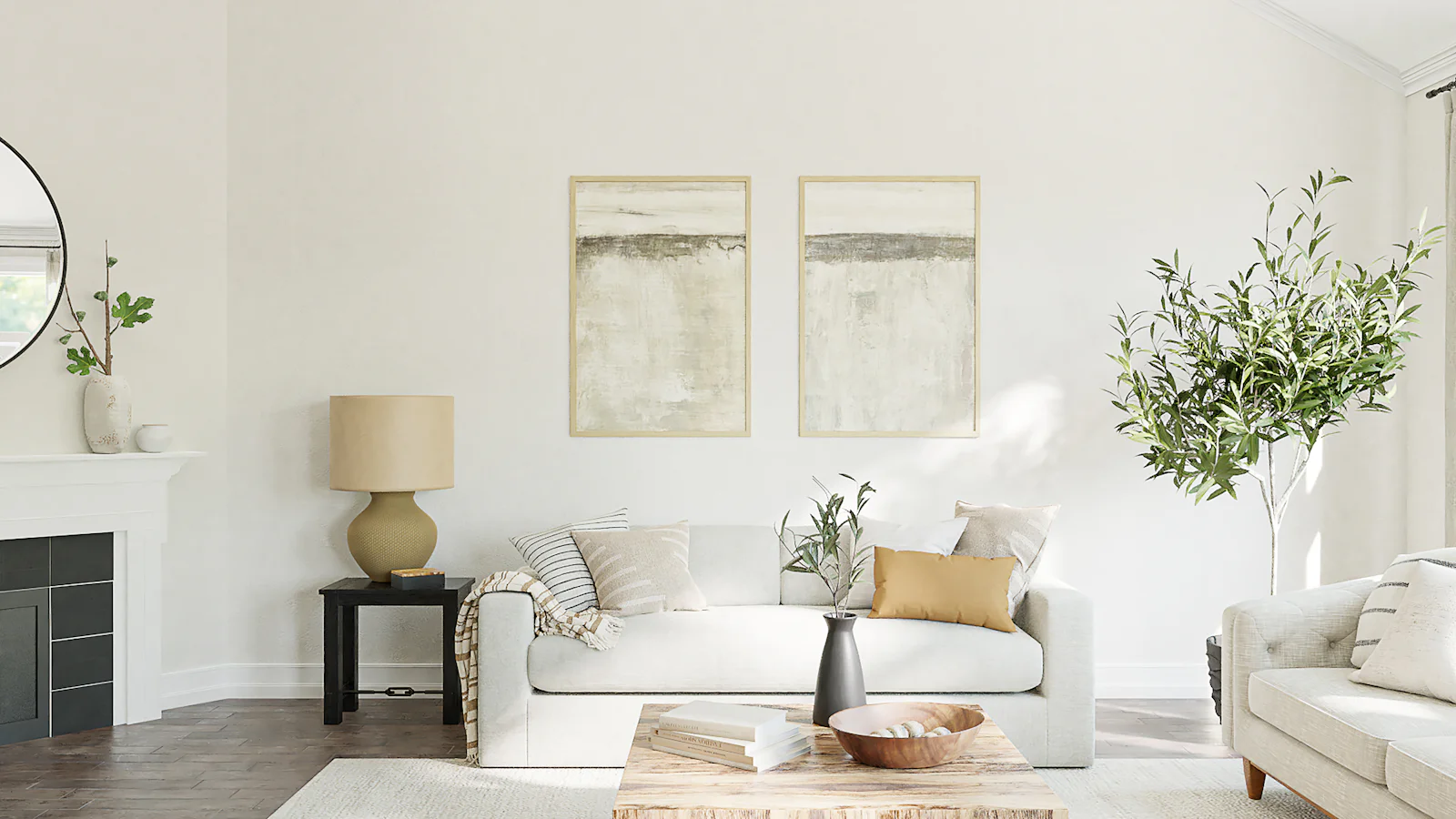 A bright, immaculate living room with plumped cushions and sunlight across a clean wooden floor