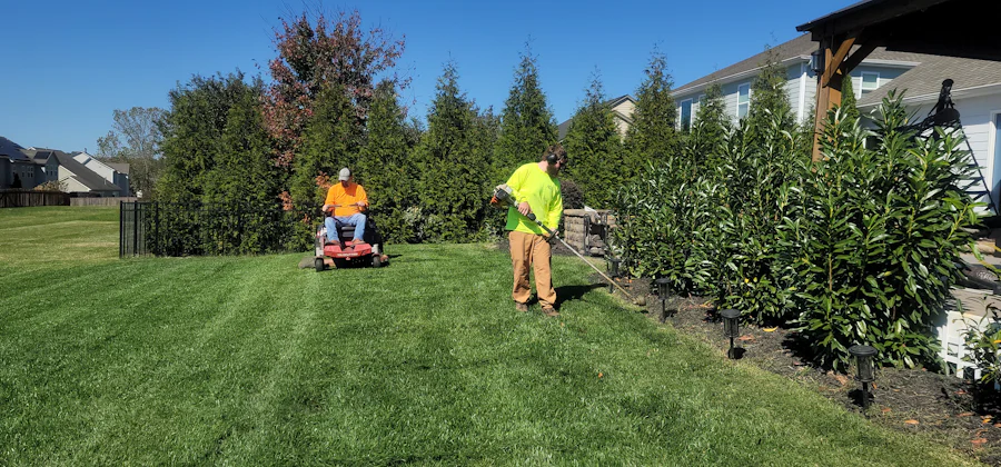 A gardener mowing clean stripes into a healthy green lawn