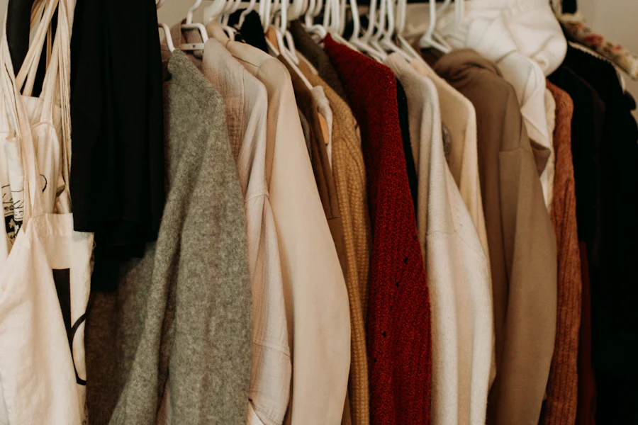 A wool overcoat hanging on a rail
