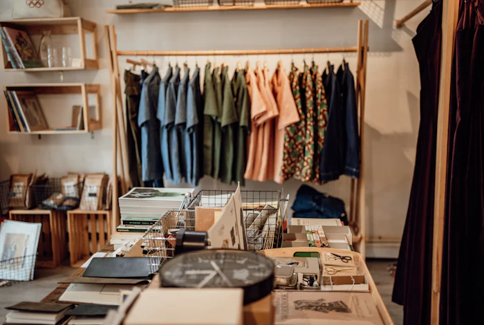 Independent clothing boutique interior with a rack of clothes