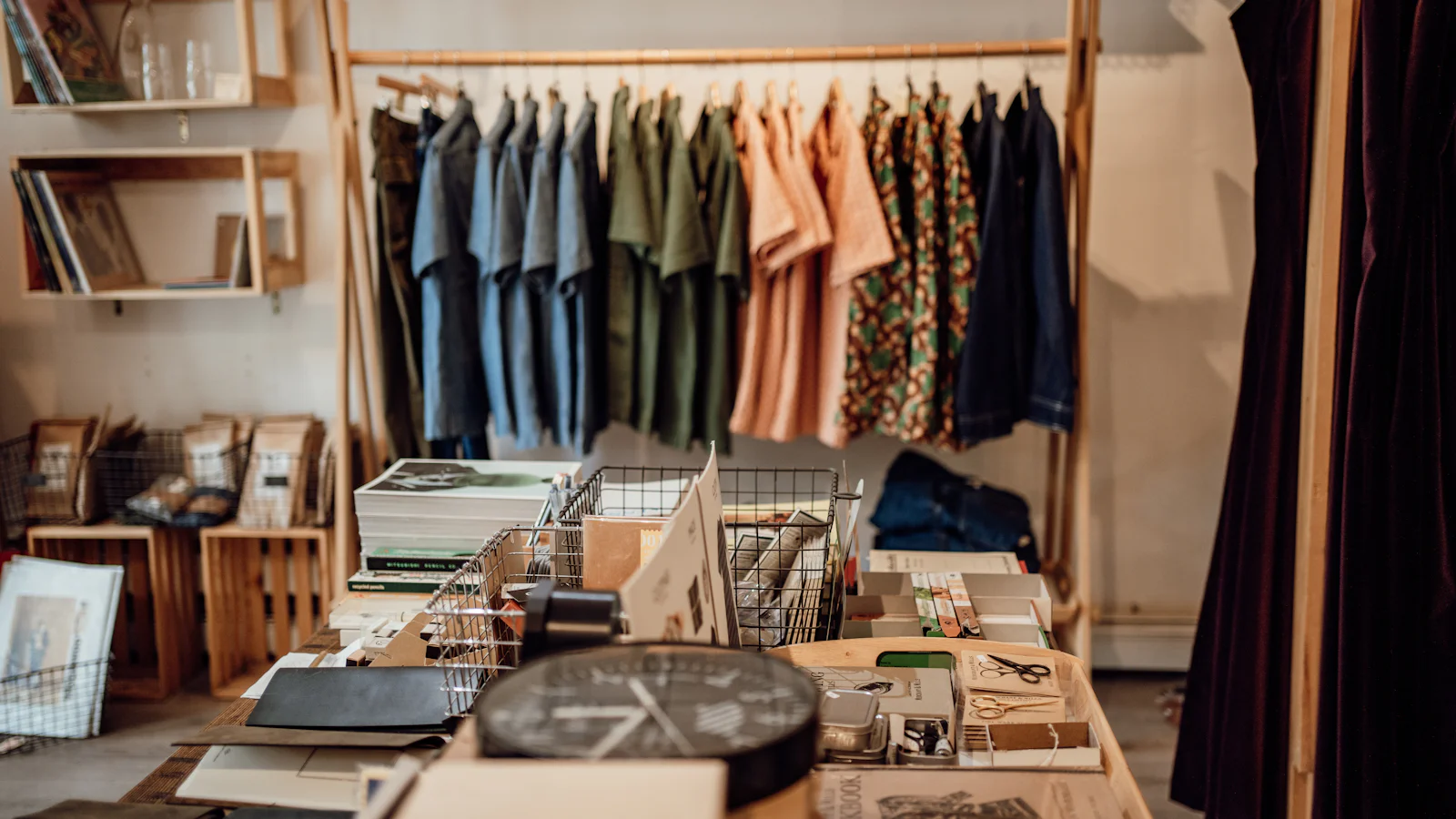 Inside Maple & Thread: a wooden clothing rail and shelves in a light, calm boutique