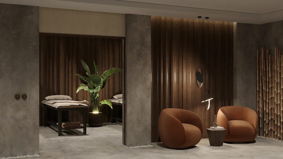 A calm spa treatment room with soft towels and low light